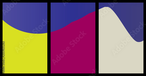Abstract triptych with deep blue and magenta wave design abstract triptych background minimalist