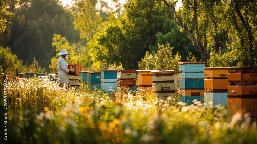 Obraz premium Beekeeper in protective suit tending to colorful beehives in sunlit meadow Solitary beekeeper wearing white suit and hat inspects row of stacked beehives amidst field of wildflowers and lush greenery