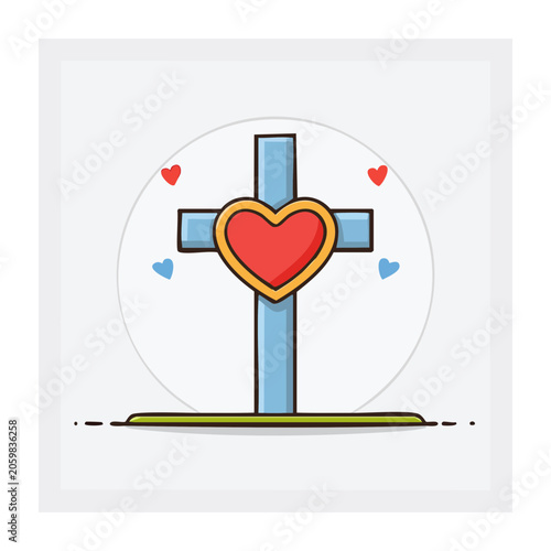 Christian cross with heart and small hearts icon