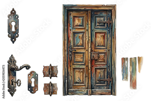 Rustic wooden door elements vector illustration with old hardware hinges and locks for game design.