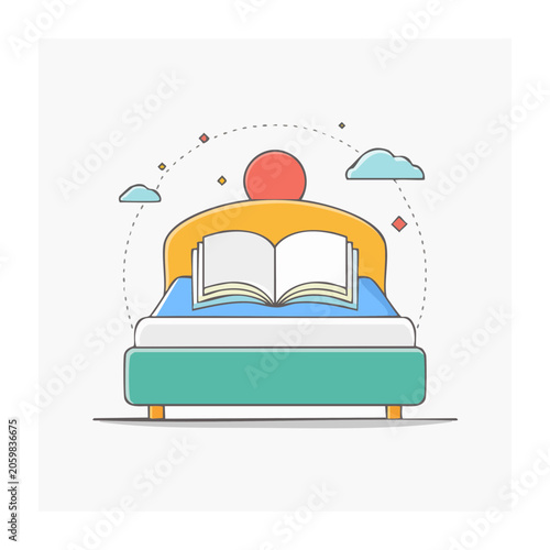 Flat design illustration of bed with open book and sun