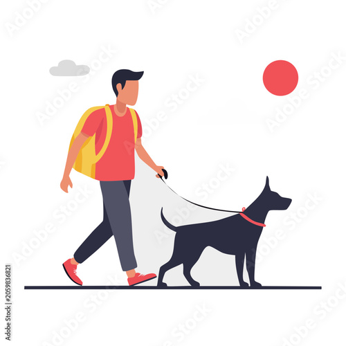 Man walking a black dog on a leash in flat design
