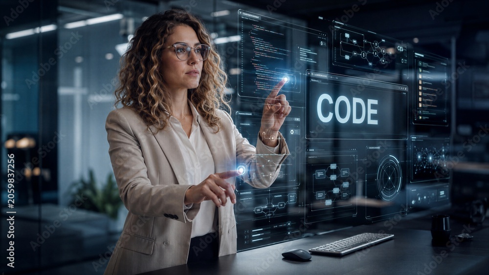 Fototapeta premium Professional female software developer interacts with a futuristic digital interface displaying complex code and data visualizations in a modern office setting.