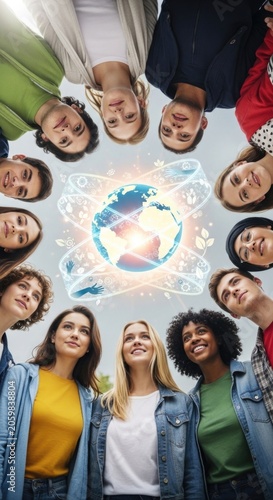 Diverse teenager circle celebrating international youth day on august 12th, global student community looking down at glowing planet earth globe, showing eco friendly environmental awareness.