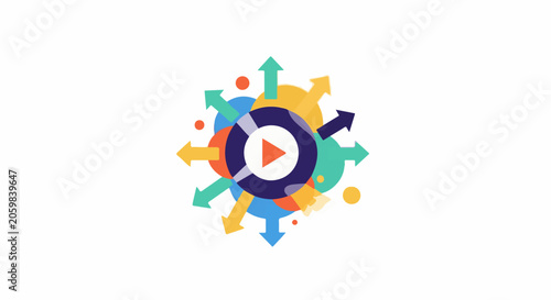 Dynamic play button surrounded by colorful arrows and circles, implying choices and direction