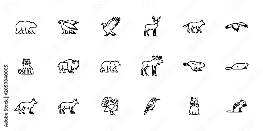 Naklejka premium Animal Icons Arranged in a Clean Grid Pattern, Monochrome Line Art Symbols for Educational and Design Projects