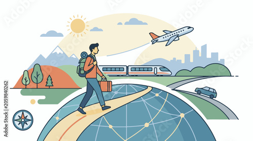 A traveler with a backpack and suitcase walks on a globe with various transportation modes