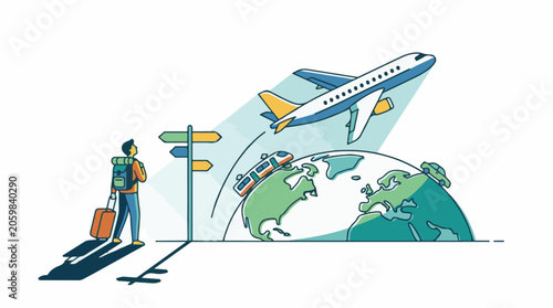 A traveler stands with luggage at a crossroads, contemplating transportation options