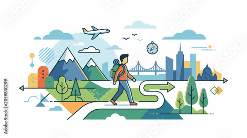 A traveler walks on a winding path towards a city skyline with mountains and clouds