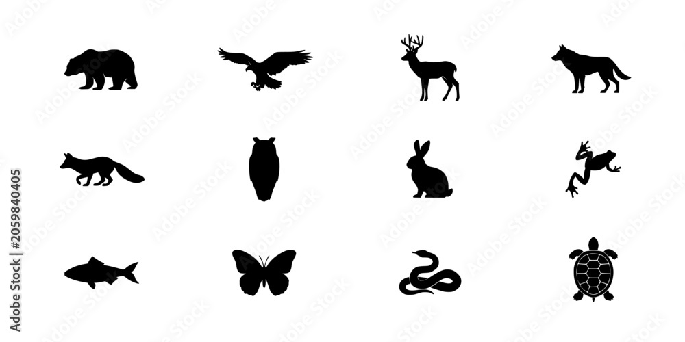Fototapeta premium Animals Silhouettes Featuring a Bear, Eagle, Deer, Dog, Fox, Owl, Rabbit, Frog, Fish, Butterfly, Snake, and Turtle