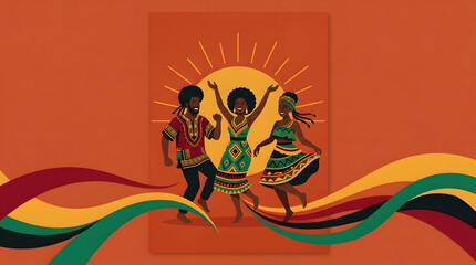 Juneteenth celebration with people dancing in traditional clothing