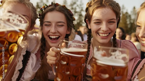Joyful celebration at Oktoberfest as friends enjoy lively festival atmosphere with beer and smiles
