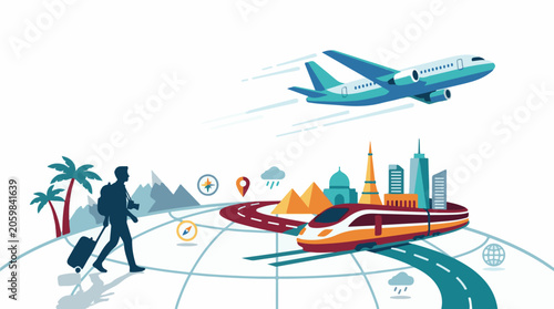 A traveler navigates to various destinations via air, land, and rail