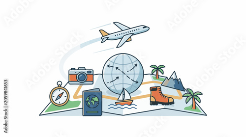 A travel illustration with a plane, globe, map, and travel accessories