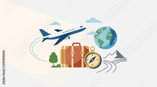 A travel illustration showing a plane flying over a suitcase, compass, and globe