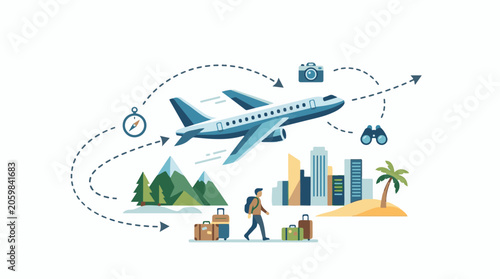 A travel illustration featuring an airplane flying over various destinations