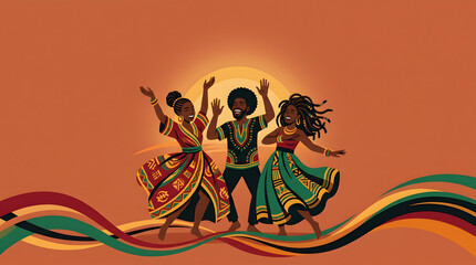 Juneteenth holiday celebration with dancing people in ethnic clothes