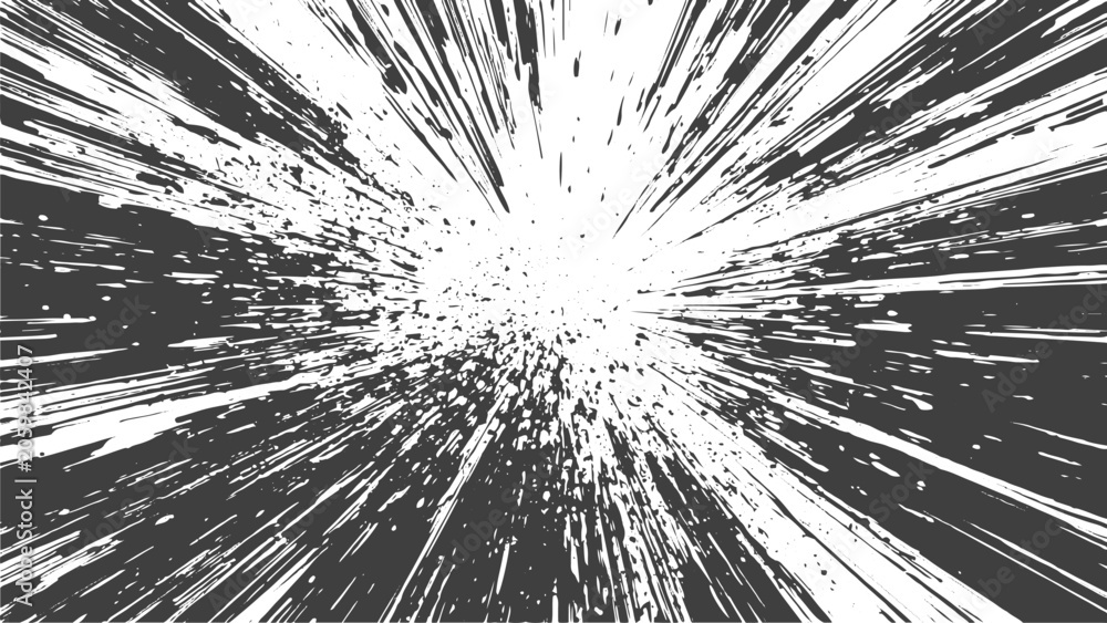 Obraz premium Black Ink Explosion Starburst Texture with Grunge Splatter Effects Dynamic Radial Burst and Clean White Background Design.