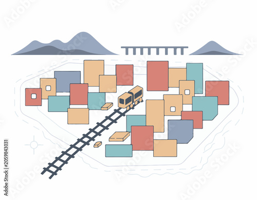 A train transports boxes through a landscape