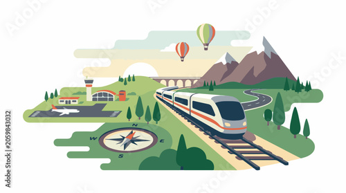 A train travels on tracks through a landscape with a bridge, airport, and hot air balloons
