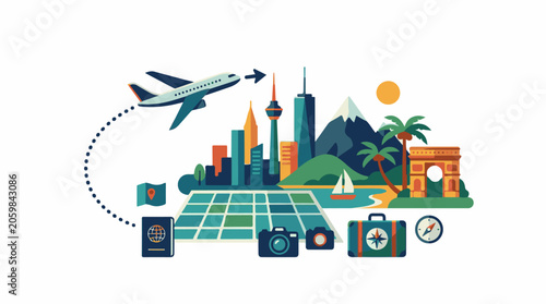 A travel graphic with airplane, cityscape, mountains, palm trees, and travel accessories