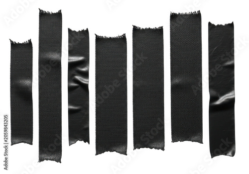 Torn black gaffer tape strips arranged in a pattern with frayed edges isolated on transparent background