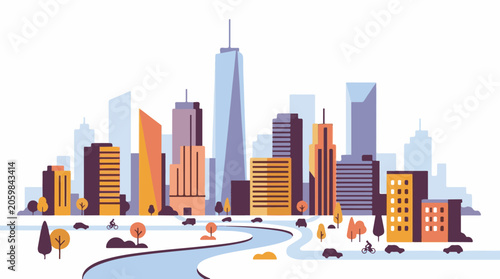 A vibrant cityscape with a river flowing through it, surrounded by tall buildings and trees