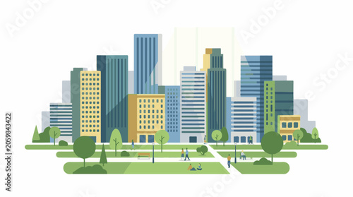 A vibrant cityscape with a park in the foreground