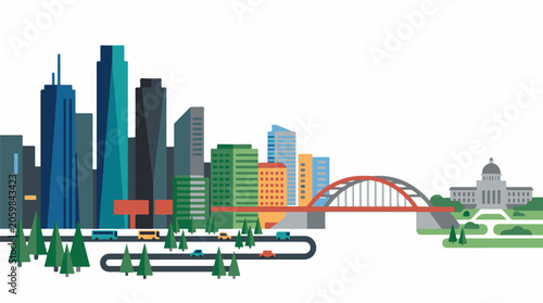 A vibrant cityscape with a bridge and skyscrapers
