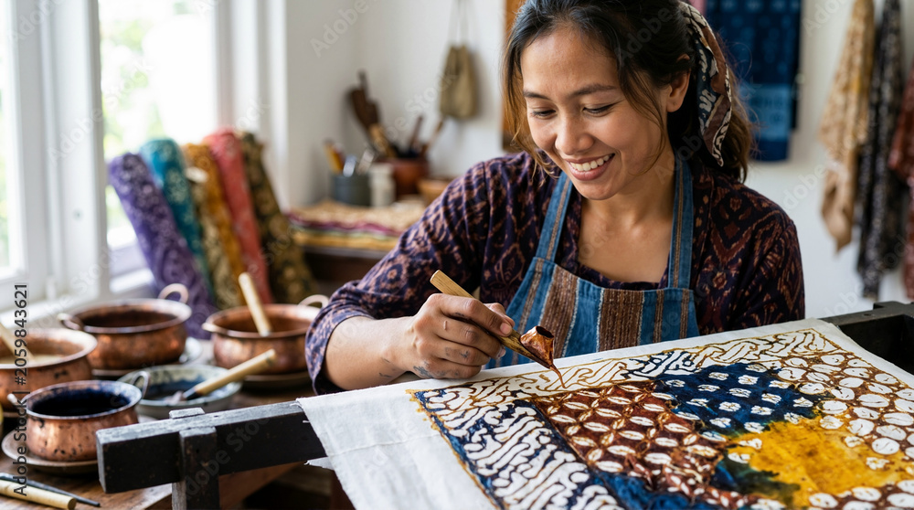 Fototapeta premium Smiling Asian woman applying hot wax to fabric with a canting tool. Traditional batik dyeing technique in workshop. Handmade textile craft process
