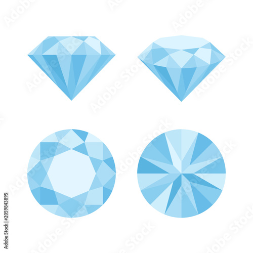 Blue diamond round brilliant cut, front view, isometric, top view, bottom view. Vector illustration