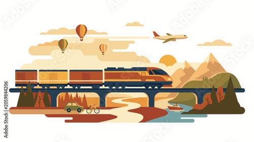 A train on a bridge over a river with a plane, hot air balloons, a car, and a bicycle in an autumnal landscape