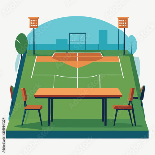 A tennis court with a table and chairs on the grass