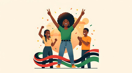 Juneteenth celebration featuring joyful people and colorful ribbons