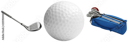 Golf ball, golf club, and golf bag with clubs isolated on a white background