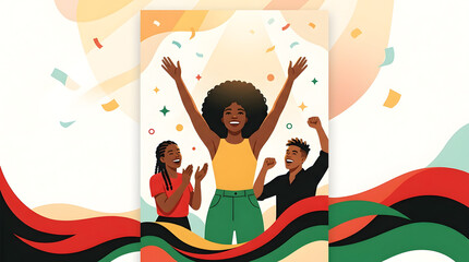 Juneteenth celebration featuring happy people cheering with confetti