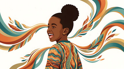 Juneteenth celebration of a joyful young girl with colorful patterns