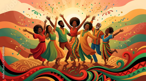 Juneteenth celebration with joyful people dancing under a bright sun