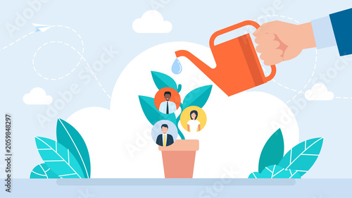 Hand with watering can nurturing green plant with business team profiles, representing human resources development, talent growth, career support and leadership. Flat illustration