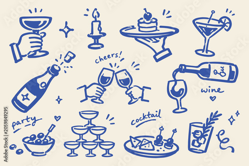 Canvastavla Party Drinks Set Naive Doodle Vector Illustration
