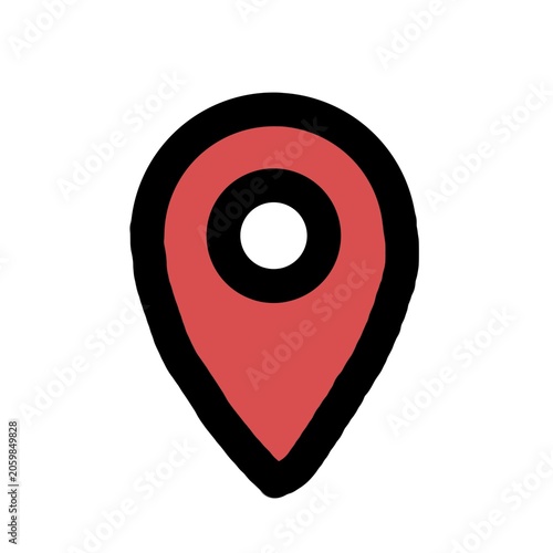 Red map pin location pointer icon with black outline isolated on white background. Minimalist GPS navigation symbol vector illustration.