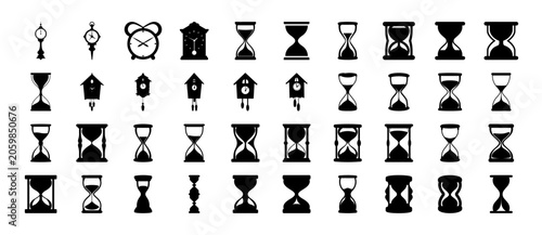 Hourglass, Time and Countdown Icon Set - Black silhouette icon collection featuring hourglasses, sand timers, countdown symbols and time management concepts in various styles.