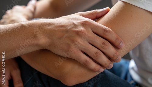 Placing supportive hand on bare forearms, adults at home with white short sleeve and dark denim