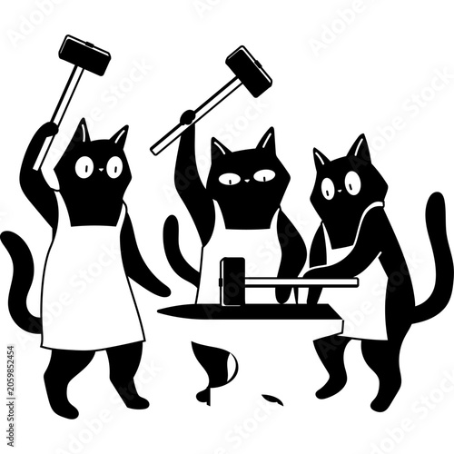 Black Cat Blacksmiths at Anvil Illustration
