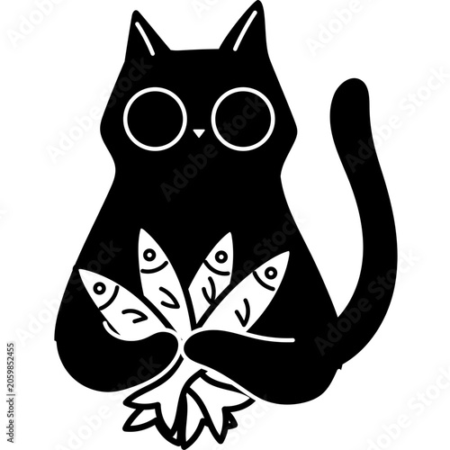 Black Cat Holding Fish Bouquet Illustration