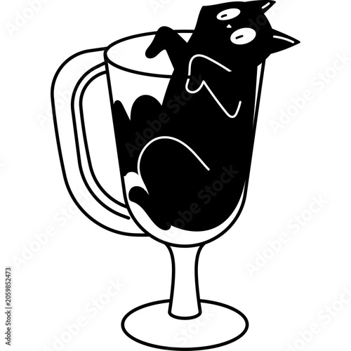 Black Cat in Coffee Glass Illustration