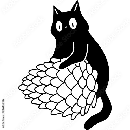 Cute black cat character holding and hugging a giant pinecone