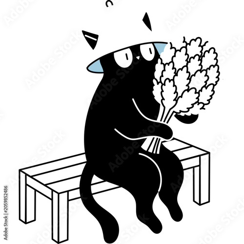 Black cat relaxing in a traditional sauna with a hat and birch whisk vihta