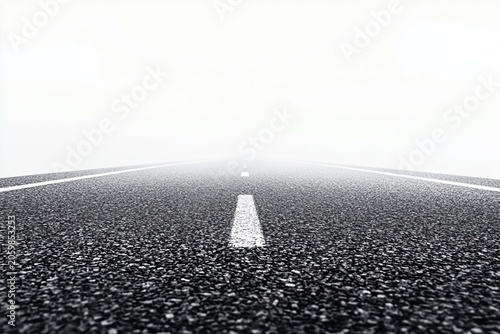 Long road disappearing into fog at dawn with clear lane markings ahead