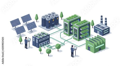 Bild auf Leinwand Renewable energy storage facility with solar panels and workers.